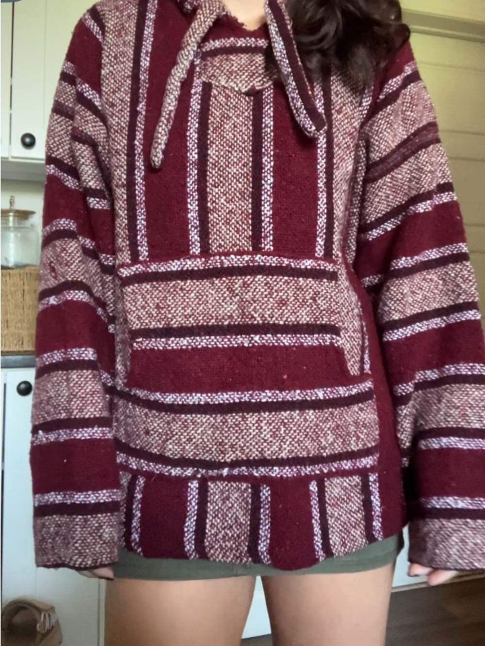 Vintage Maroon and Cream Striped Baja Hoodie Sweater - Women's